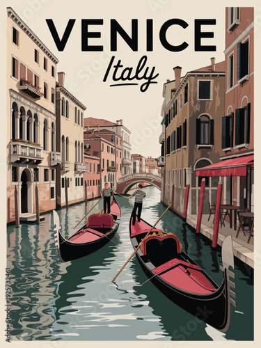 AdobeVenice Gondola Travel Poster, Featuring Large Black 'VENICE', Cursive 'Italy', and Gondoliers in Traditional Striped Shirts Illustrator Artwork