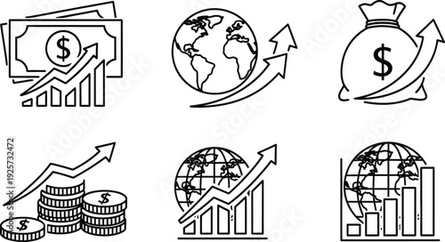 Collection of business and finance icons representing global growth, money, and financial progress with upward trending graphs, coins, and dollar bills, symbolizing economic success and investment