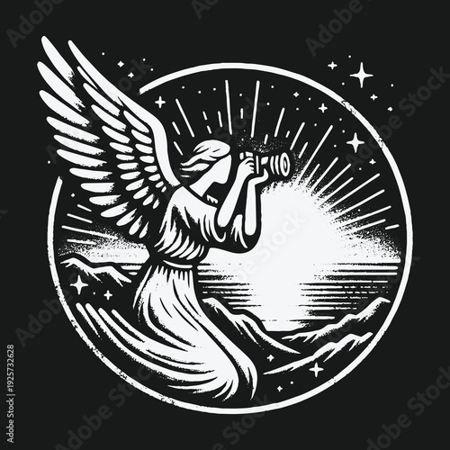 Angel with Telescope Gazing at the Horizon in the Sky.