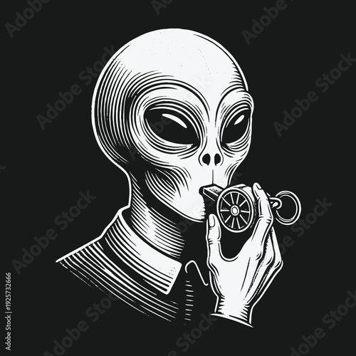 Monochrome Alien Portrait with Whistle in Engraving Style.