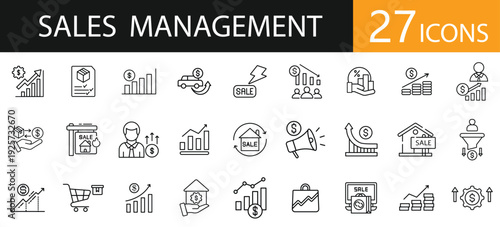 Asset Management and Asset Sale Icons – Line Vector Set for Valuation, Transfer, Auction and Financial Deal Concepts