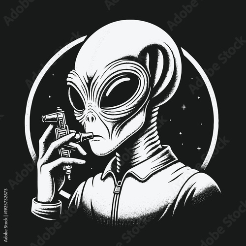 Alien smoking a vaporizer in space a monochrome illustration.
