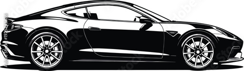 Sports car side view illustration, modern coupe artwork, automotive design vector, racing vehicle graphic icon, black white performance symbol