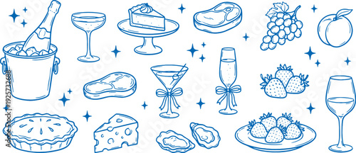 Celebratory food and drink icons with champagne cake fruit and wine glasses on white background with sparkles