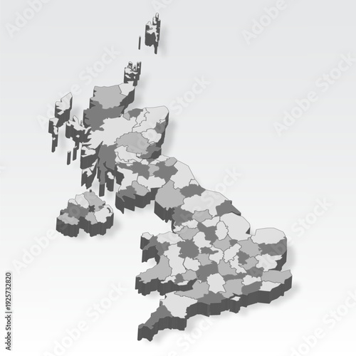 3D  United Kingdom map with  Administrative division. Three dimensional map of UK with shadow on white background for your design, app, UI.  Stock vector. EPS10. 