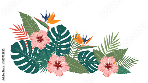Beautiful tropical floral arrangement with pink hibiscus flowers, bird of paradise, and green monstera leaves.