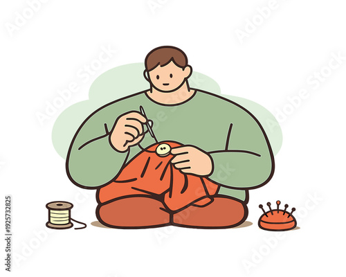 Calm Sewing Moment. Calm person sews a loose button, posture steady as the needle pauses and the stitch tightens | sewing loose