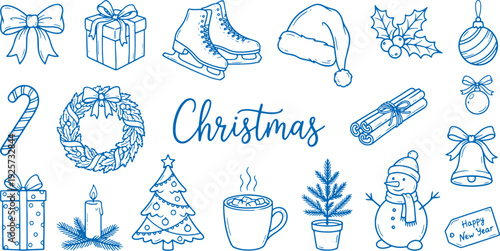 Christmas icons and symbols blue line drawings on white background festive holiday illustrations
