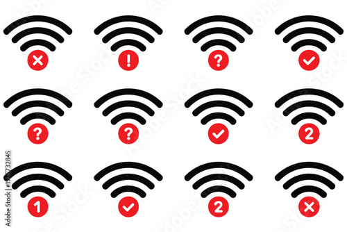 Wireless signal icons set, multiple style WiFi connectivity symbols, variations and signal strength indicators for network connection, digital devices, mobile apps, and technology UI design.