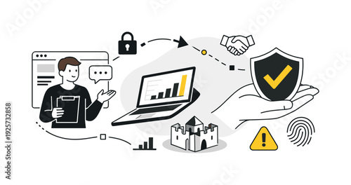 Modern minimal flat vector conceptual collage, crisp hard edges, consistent THIN outline stroke, rounded corners where needed,