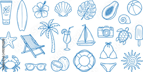 Summer vacation icons set with beach and tropical symbols including sunscreen surfboard palm tree and cocktail on white background for travel and leisure concepts