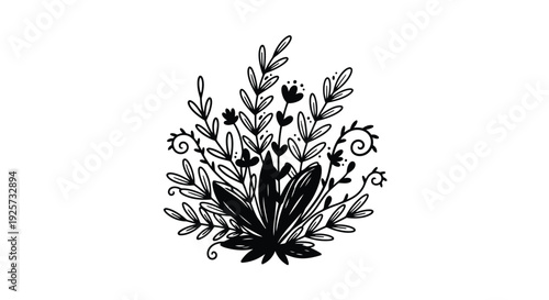 Delicate floral arrangement with leaves and swirls a dark silhouette