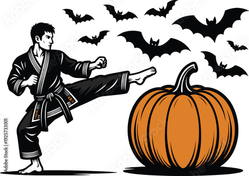 Martial artist Halloween illustration, pumpkin kick artwork, bats spooky vector design, karate graphic icon, black orange festive symbol