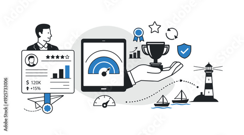 Modern minimal flat vector conceptual collage, crisp hard edges, consistent THIN outline stroke, rounded corners where needed,