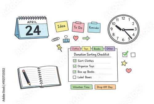Desk calendar page, notebook, sticky notes and a wall clock, checkmarks and event blocks for Donation sorting checklist with tabs