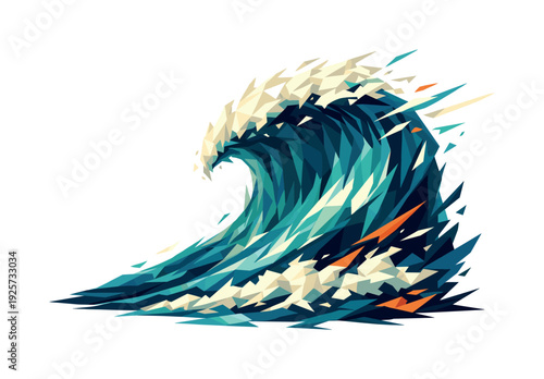 Low-poly vector illustration of a tsunami wave wall escalating, towering wave surging higher with aggressive angular curvature,