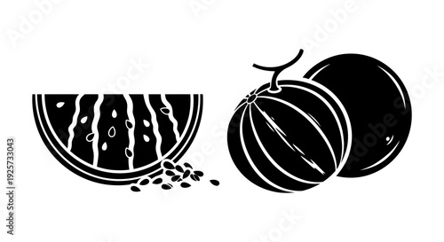 Black and white illustration of watermelons including a sliced piece and whole fruits