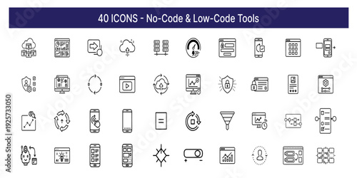 No Code Low Code Development Line Icons – Visual Builder, Automation and SaaS Platform Icon Pack.