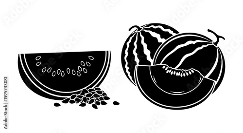 Black and white illustration of watermelons a slice and scattered seeds