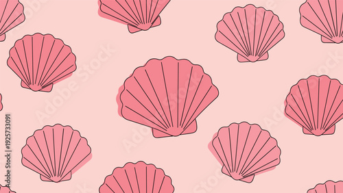 Repeating seamless pattern of pink scallop seashells with thin black outlines on a light pink background surface.