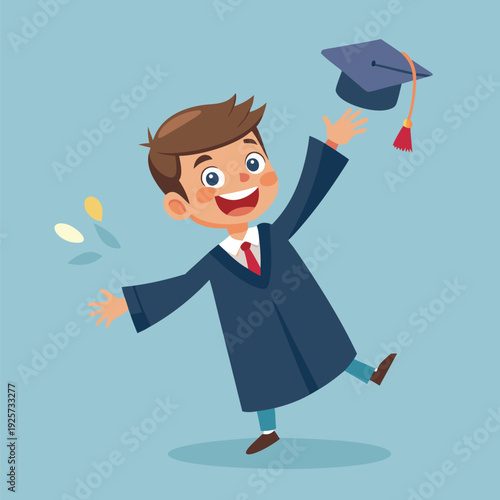 Excited graduate student kid celebrating success and educational journey with a happy toss