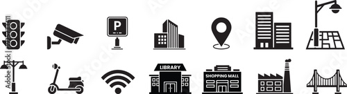 City infrastructure icon set. traffic signal, CCTV, parking, building, location, streetlamp, scooter, Wi-Fi, library, mall, factory, bridge. Vector illustration
