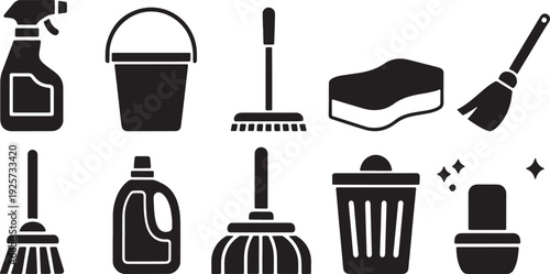 Cleaning icon set. Household hygiene and sanitation tools symbol. Vector illustration