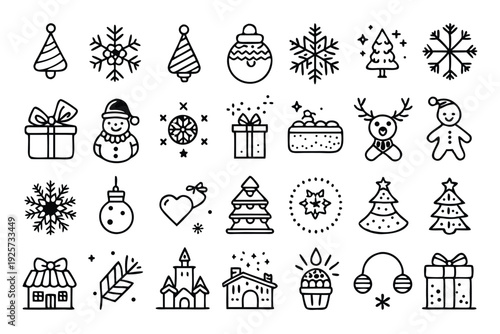 set of christmas line icons silhouette line art vector illustration with a white background