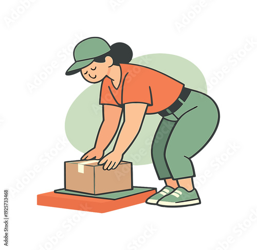Warm person pauses at a doorstep delivering a parcel, body leaning forward as the package is set down gently | delivering parcel