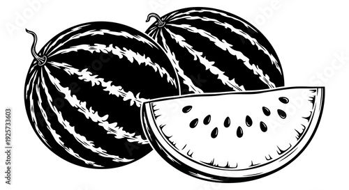 Black and white illustration of two whole watermelons and a sliced piece