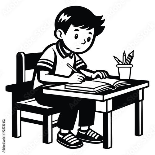 Schoolboy Learning at Desk with Pencil and Open Book
