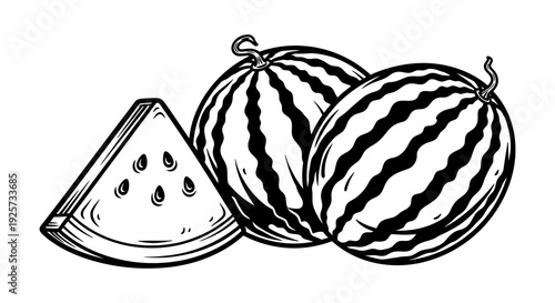 Black and white illustration of two whole watermelons and a slice