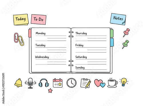 Open weekly planner spread, tabbed notebook pages, paper clips and sticky notes, small reminder icons for Podcast episode planner