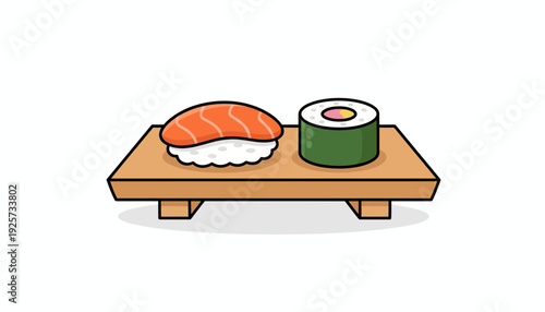 Delicious Japanese sushi nigiri and maki roll presented on a rustic wooden board, a classic culinary illustration with clean lines