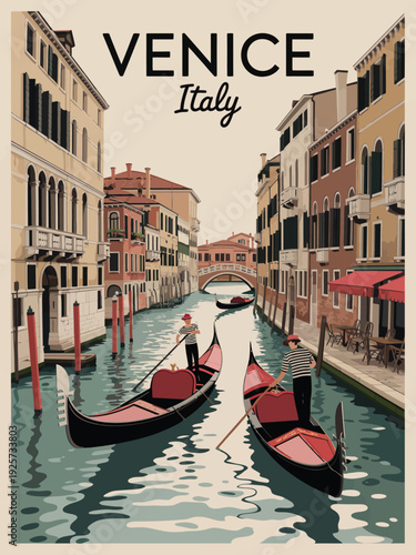 Venice Gondola Travel Poster, Highlighting Scenic Canals, Traditional Gondoliers, and Classic Italian Typography