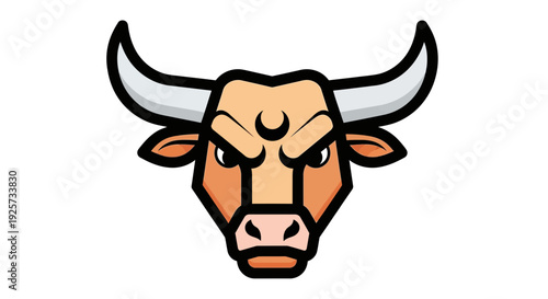 Illustration of a bull's head with horns, a fierce expression, and a crescent moon symbol on its forehead