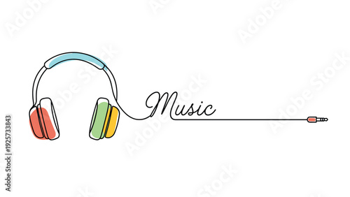 Creative headphones illustration made from a single continuous line that forms the word Music with color accents.