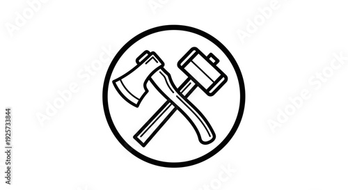 Illustration of crossed axe and hammer in a circle, symbolizing carpentry and manual labor
