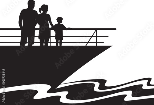 Family watching ocean from cruise ship deck black silhouette vector illustration