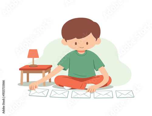 Young boy sitting on floor arranging envelopes, illustration for communication and mail sorting