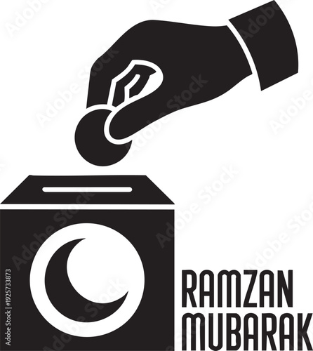 Ramzan mubarak donation hand dropping coin into box with crescent moon symbol