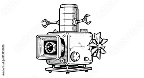 A vintage twin lens reflex camera with mechanical arms and floral detailing
