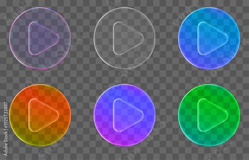 3d set glass transparent round play button icon. Symbol to watch tv, video, movie,live stream. Stock vector illustration on isolated background.