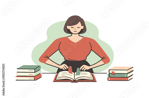 Inside person places bookmarks into books on a desk, pages open slightly, fingers precise, stacks neat, calm mood forming order