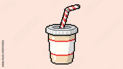 Pixel art style takeaway drink cup with a red and white striped straw on a pale peach background for retro vibes.
