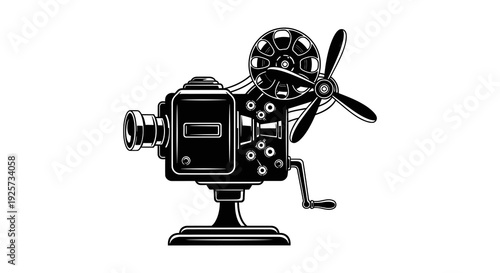 Vintage film projector illustration in black and white showcasing early cinema technology