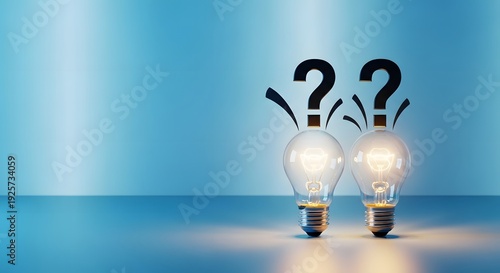 Two light bulbs with question marks on blue background