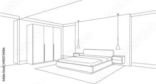 Architectural line drawing sketch illustrating a modern minimalist bedroom design layout featuring a large wardrobe and contemporary pendant lighting fixtures suspended above nightstands.