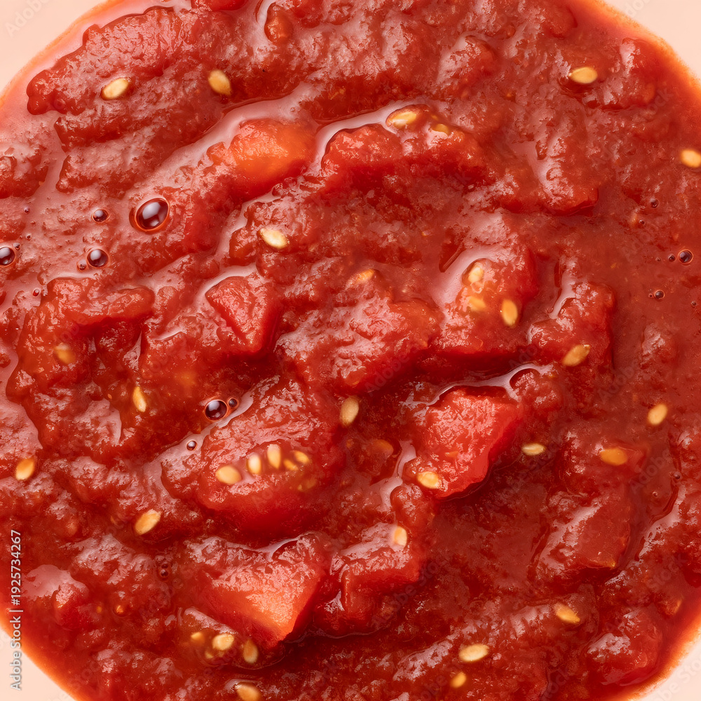 Obraz premium Macro close up of thick chunky red tomato sauce with visible seeds and glossy wet surface