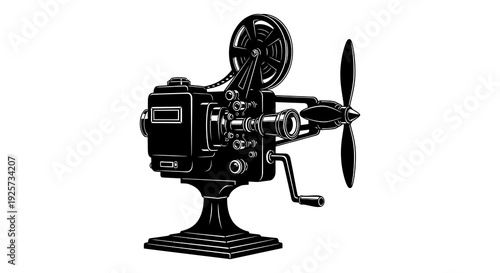Vintage film projector illustration black and white side view with intricate details
